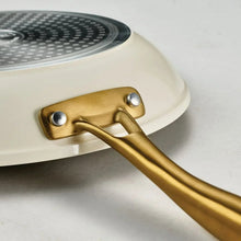 Cream fry pan handle attachment with rivets, gold metal on ceramic