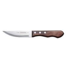 Steak knife with serrated edge, stainless steel blade and dark wood handle