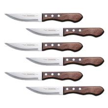 Six steak knives set with stainless blades and dark wood handles, three rivets