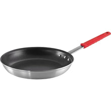 Nonstick aluminum restaurant fry pan with red silicone handle and black interior