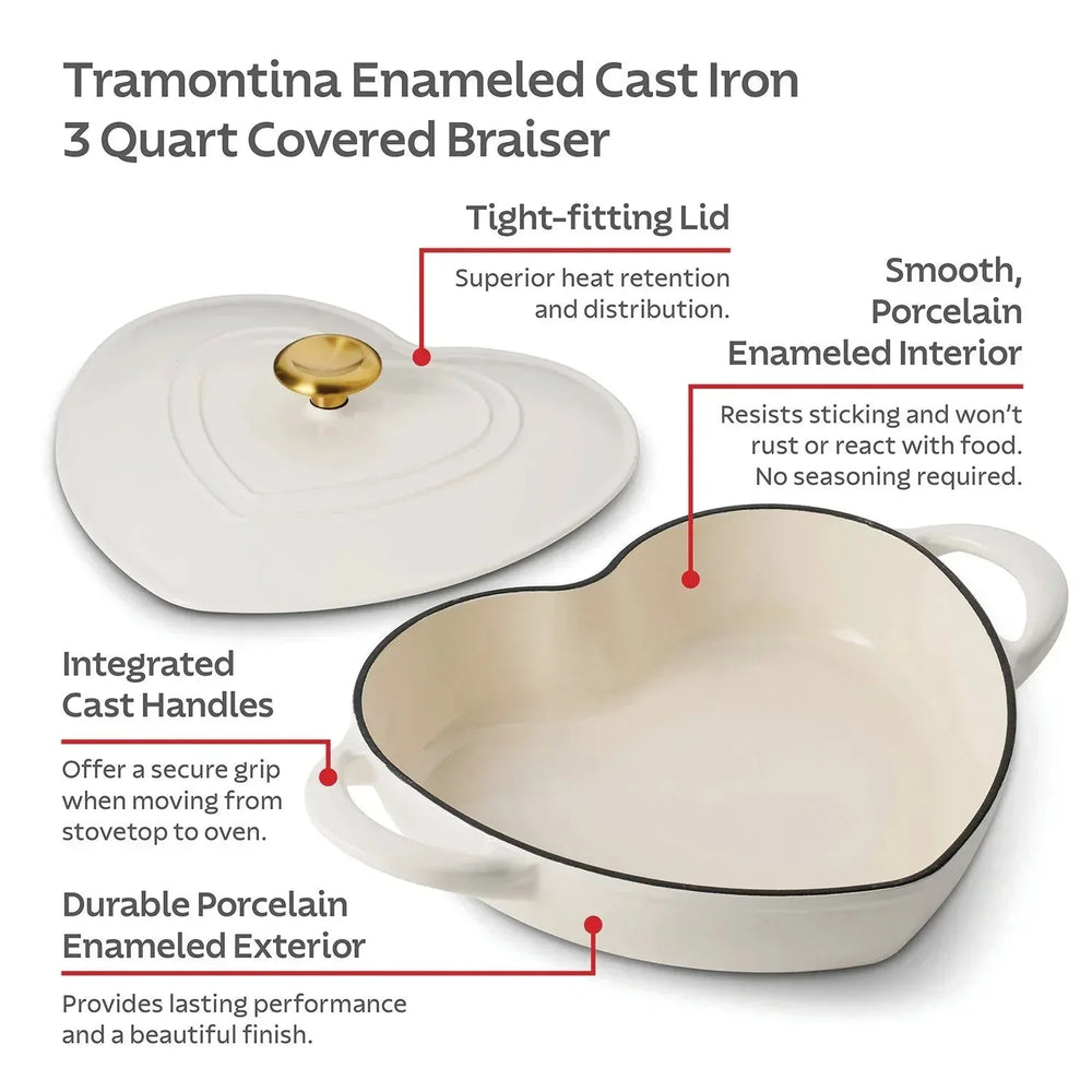 Tramontina 3-Quart Heart Shape Enameled Cast Iron Dutch Oven (Shallow, Oven Safe) - USA MEGA SHOP