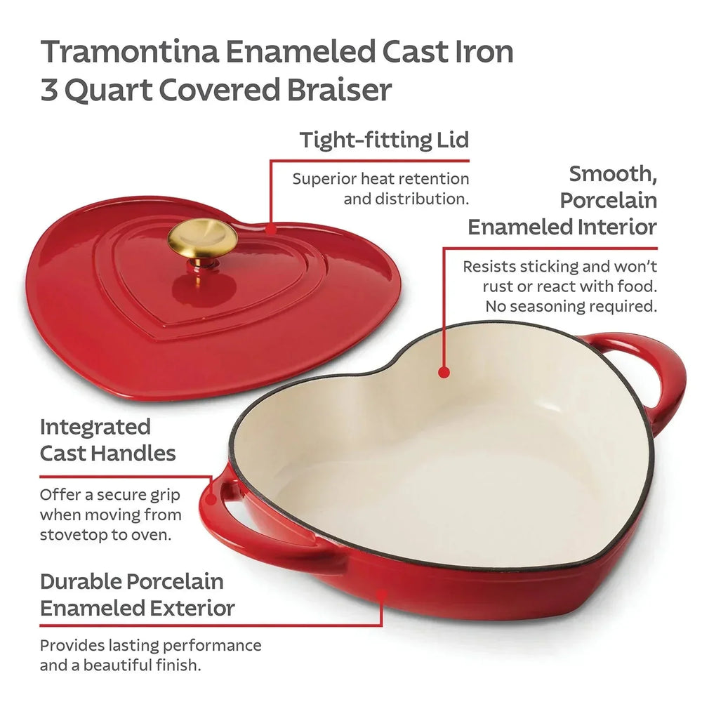 Tramontina 3-Quart Heart Shape Enameled Cast Iron Dutch Oven (Shallow, Oven Safe) - USA MEGA SHOP