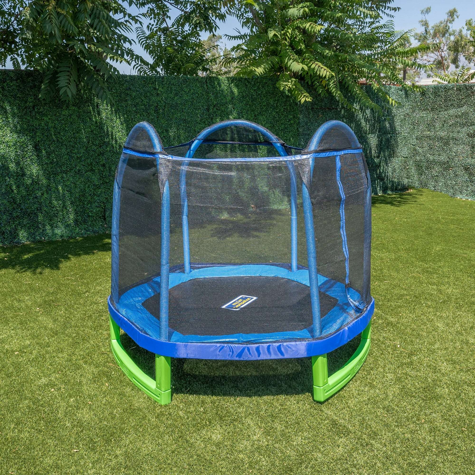 Sportspower My 1st Trampoline 7 ft Trampoline for Kids 3-10 with Blow-Molded Legs and Padded Heavy-Duty Steel Frame, UV-Resistant Safety Enclosure & Jump Mat, Blue & Green, ASTM Safety Certified