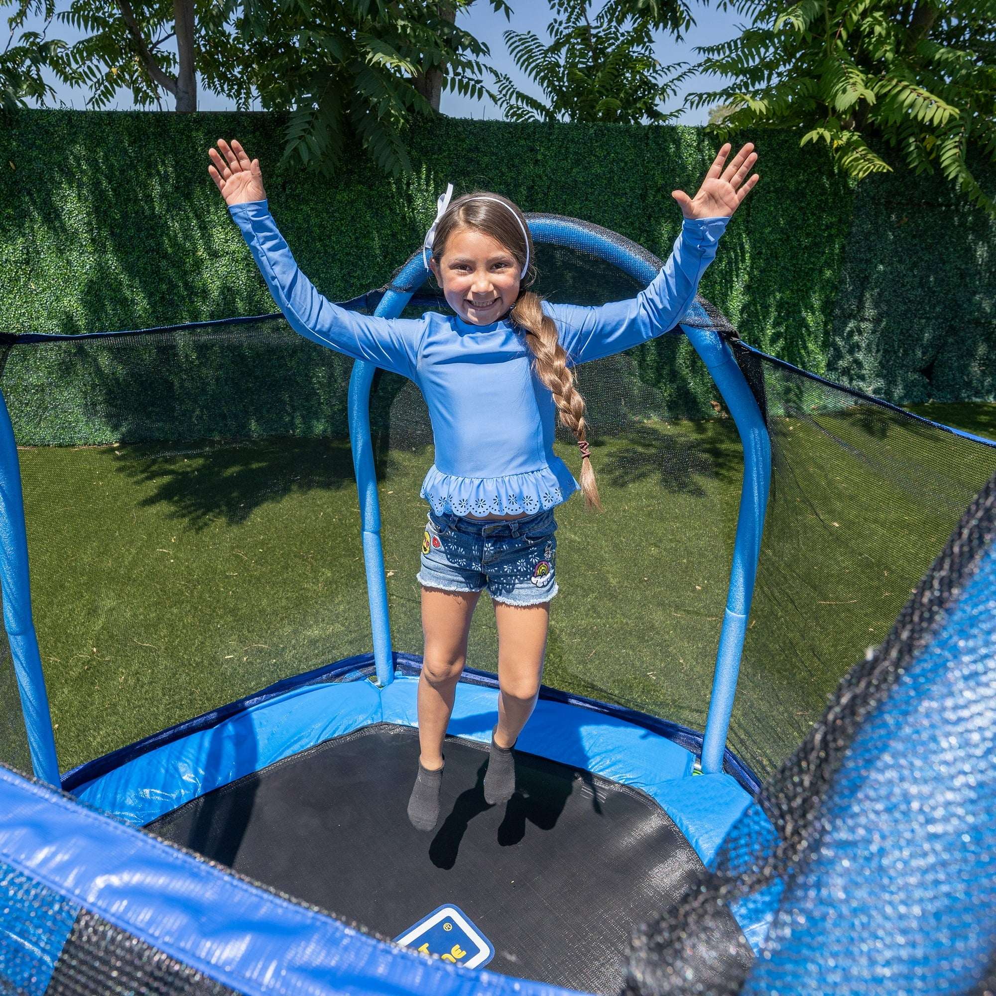 Sportspower My 1st Trampoline 7 ft Trampoline for Kids 3-10 with Blow-Molded Legs and Padded Heavy-Duty Steel Frame, UV-Resistant Safety Enclosure & Jump Mat, Blue & Green, ASTM Safety Certified
