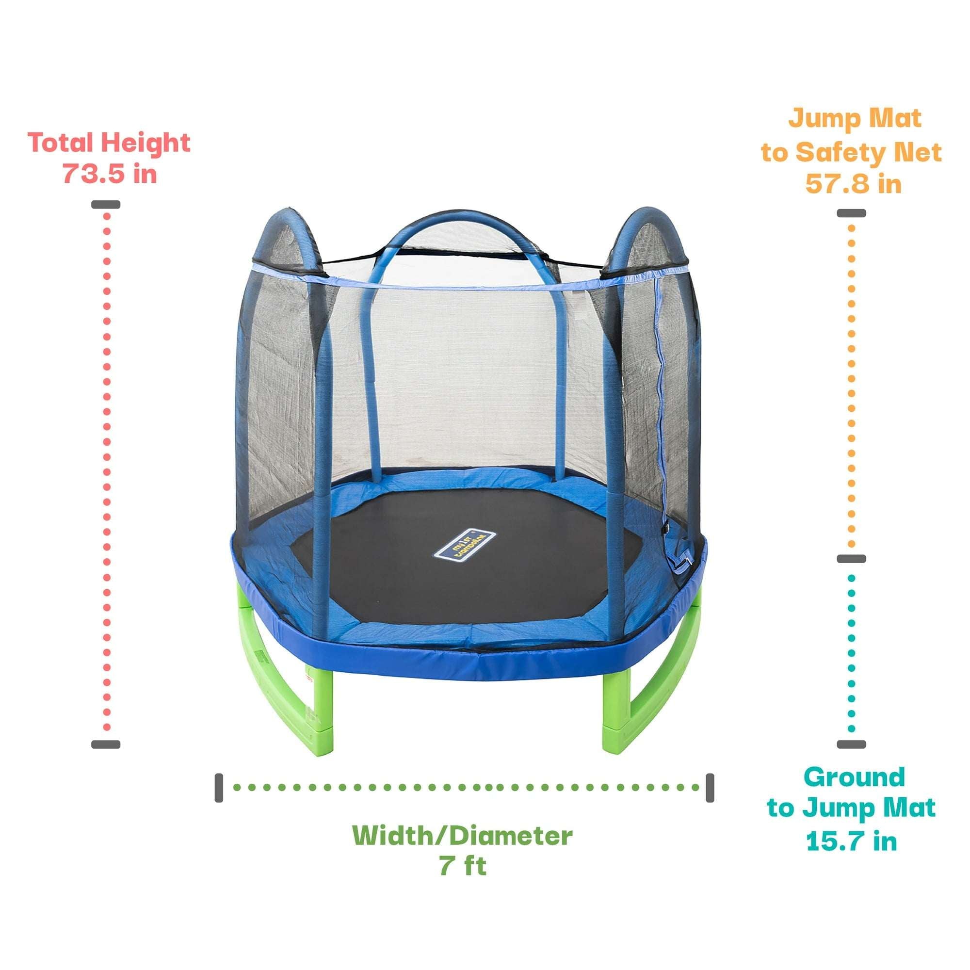 Sportspower My 1st Trampoline 7 ft Trampoline for Kids 3-10 with Blow-Molded Legs and Padded Heavy-Duty Steel Frame, UV-Resistant Safety Enclosure & Jump Mat, Blue & Green, ASTM Safety Certified