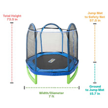 Kids 7 ft trampoline with padded spring cover, safety net, and green legs