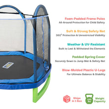 Kids trampoline safety net enclosure with foam-padded frame poles and padded cover