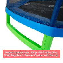 Padded spring cover with blue trim and green legs on a kids trampoline