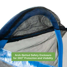 Arc-shaped safety net enclosure for a kids trampoline with blue support poles