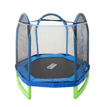 Kids 7 ft trampoline with blue frame, green legs, and padded safety enclosure