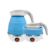 Two blue collapsible electric kettles with white handles and round base control lights.