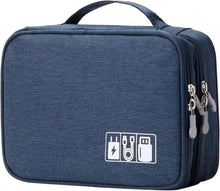Blue rectangular electronics organizer case with side zipper pulls and carry handle