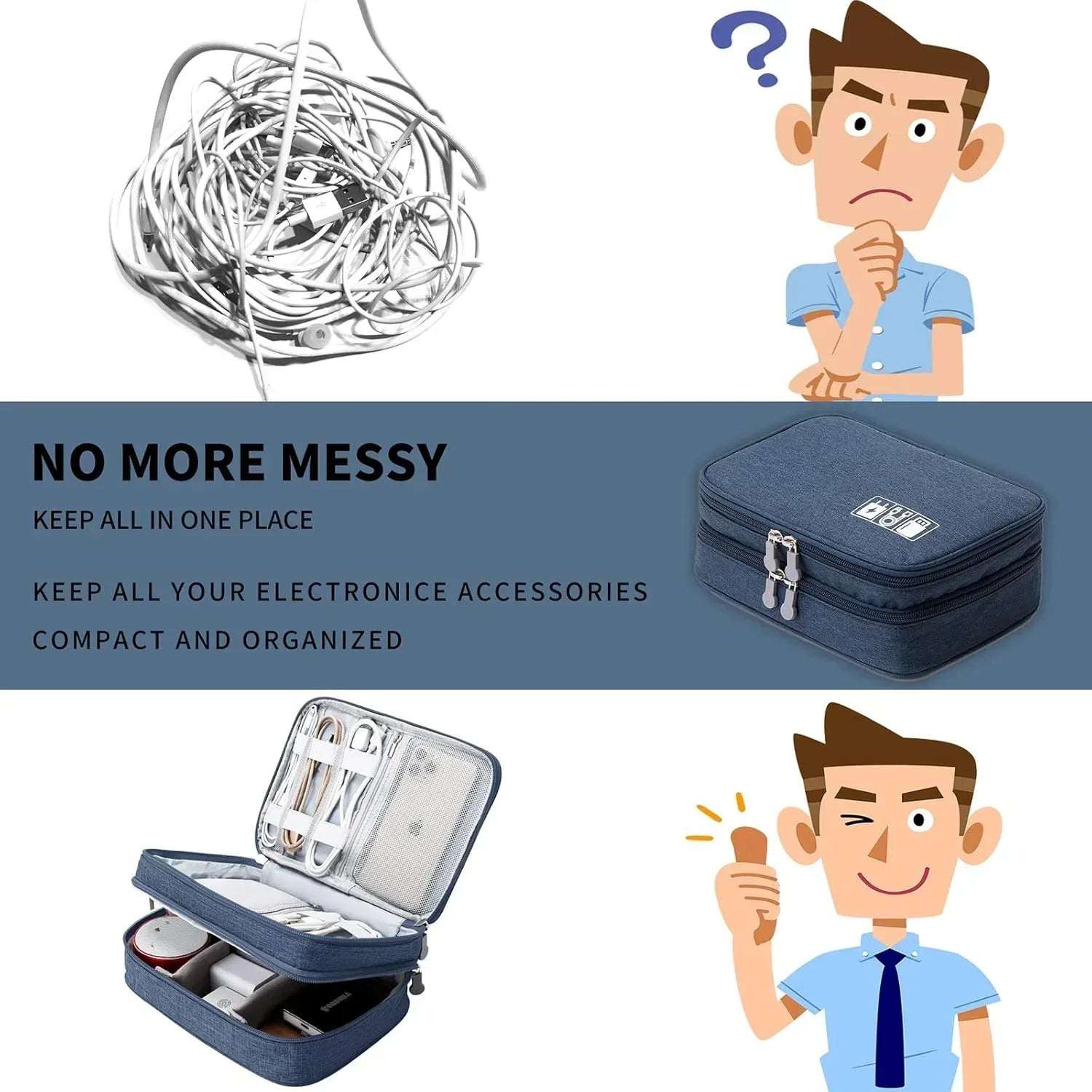 Travel Digital Electronics Accessories Case, Waterproof, Double-Layer, Cable Organizer Bag for USB Drives, Chargers, Memory Cards (Blue)