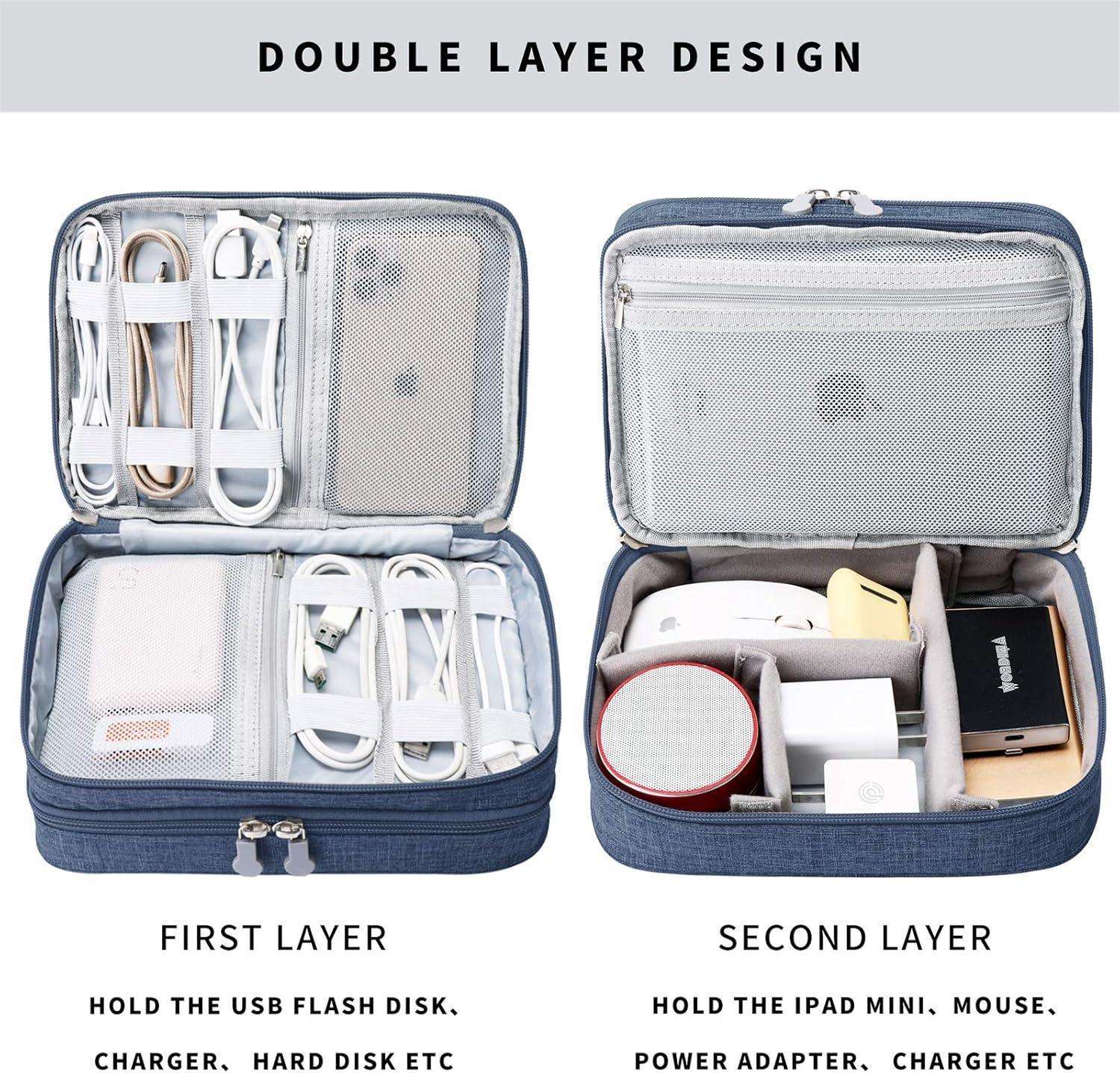 Travel Digital Electronics Accessories Case, Waterproof, Double-Layer, Cable Organizer Bag for USB Drives, Chargers, Memory Cards (Blue)