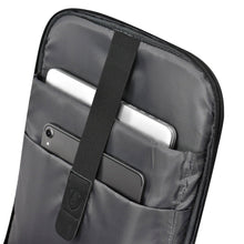 Grey laptop sleeve compartment with elastic straps and zippered opening.