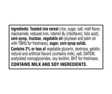 Ingredients list panel on Rice Krispies Treats Original bar package; contains milk and soy