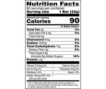 Nutrition Facts panel showing 90 calories per bar (22 g)