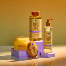 Santal Haze moisturizing shave oil set with pump bottle, jar, and bar