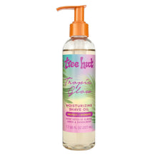 Moisturizing shave oil bottle with orange pump, clear liquid, Tropical Glow label