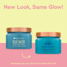 Tree Hut Blue Musk shea sugar scrub in two jars, blue texture with brown lids