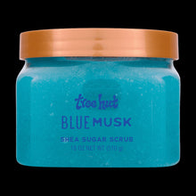 Tree Hut Blue Musk shea sugar body scrub jar, blue scrub with brown lid