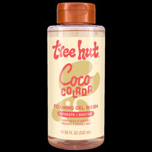 Foaming gel body wash bottle with orange cap, Coco Colada label, clear amber gel