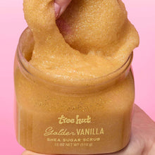 Golden Vanilla shea sugar scrub jar with scooped golden scrub