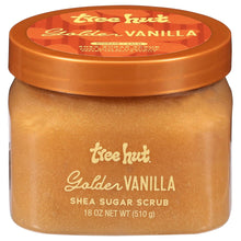 Tree Hut Golden Vanilla shea sugar scrub jar with orange lid, 18 oz