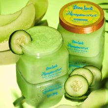 Tree Hut Honeydew Hype shea sugar body scrub jars with cucumber slices