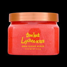 Shea sugar scrub jar, red lychee kiss exfoliant with bronze lid