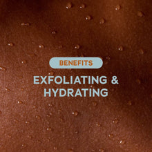 Skin with speckled scrub texture and text: Benefits exfoliating & hydrating