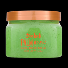 Tree Hut Palm Grove shea sugar body scrub jar, green scrub with orange lid