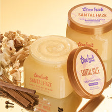 Santal Haze shea sugar scrub jars with cream scrub scoop and lid