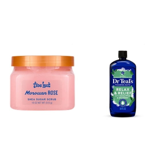 Tree Hut Shea Sugar Scrub Moroccan Rose & Dr Teal's Relax & Relief Foaming Bubble Bath with Pure Epsom Salt, Eucalyptus & Spearmint, 34 fl.oz. Bundle