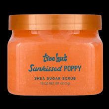 Tree Hut Sunkissed Poppy shea sugar body scrub jar, 18 oz, orange with flip-top lid