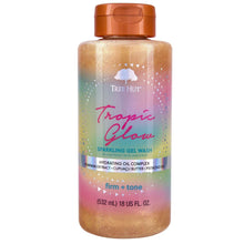 Sparkling gel wash bottle with orange cap, “Tropic Glow” front label, 18 fl oz size