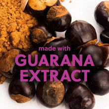 “Made with GUARANA EXTRACT” ingredient text over guarana seed pieces
