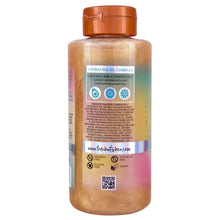 Foaming gel body wash bottle with amber oil-complex label on the back