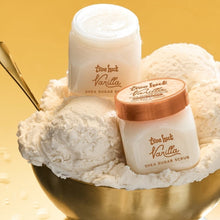 Vanilla shea sugar scrub jars and creamy scrub scoop in bowl