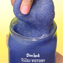 Tree Hut Violet Victory shea sugar body scrub jar with blue scrub scoop