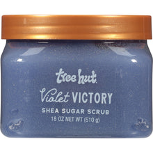 Tree Hut Violet Victory shea sugar body scrub jar, blue with gold lid
