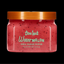 Watermelon shea sugar body scrub jar with gold cap, pink sugar-speckled scrub.