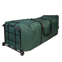 Tree storage upright duffel bag, dark green, end view, zip panels, rolling metal frame