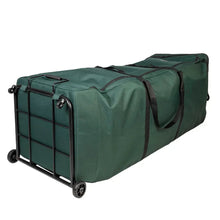 Green upright duffel bag with extended top flap, side grab handles, and rolling casters