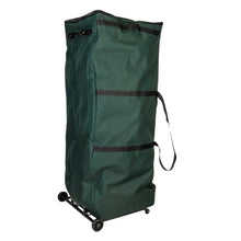 Upright tree storage duffel bag in dark green, rear view, carry handle, wheeled frame