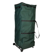 Green upright duffel bag with wide open top, hanging strap handle, and wheeled feet