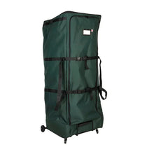 Green upright storage duffel bag with side panel straps, logo patch, and rolling wheels