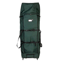 Upright tree storage duffel bag, dark green, zip top, front straps, wheels at base