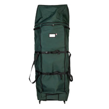 Green upright duffel bag with front zipper pocket, adjustable straps, and wheeled base