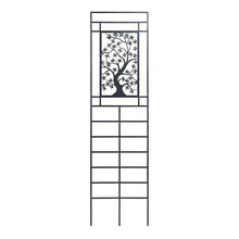 Black metal garden trellis panel with tree-of-life silhouette and rectangular grid